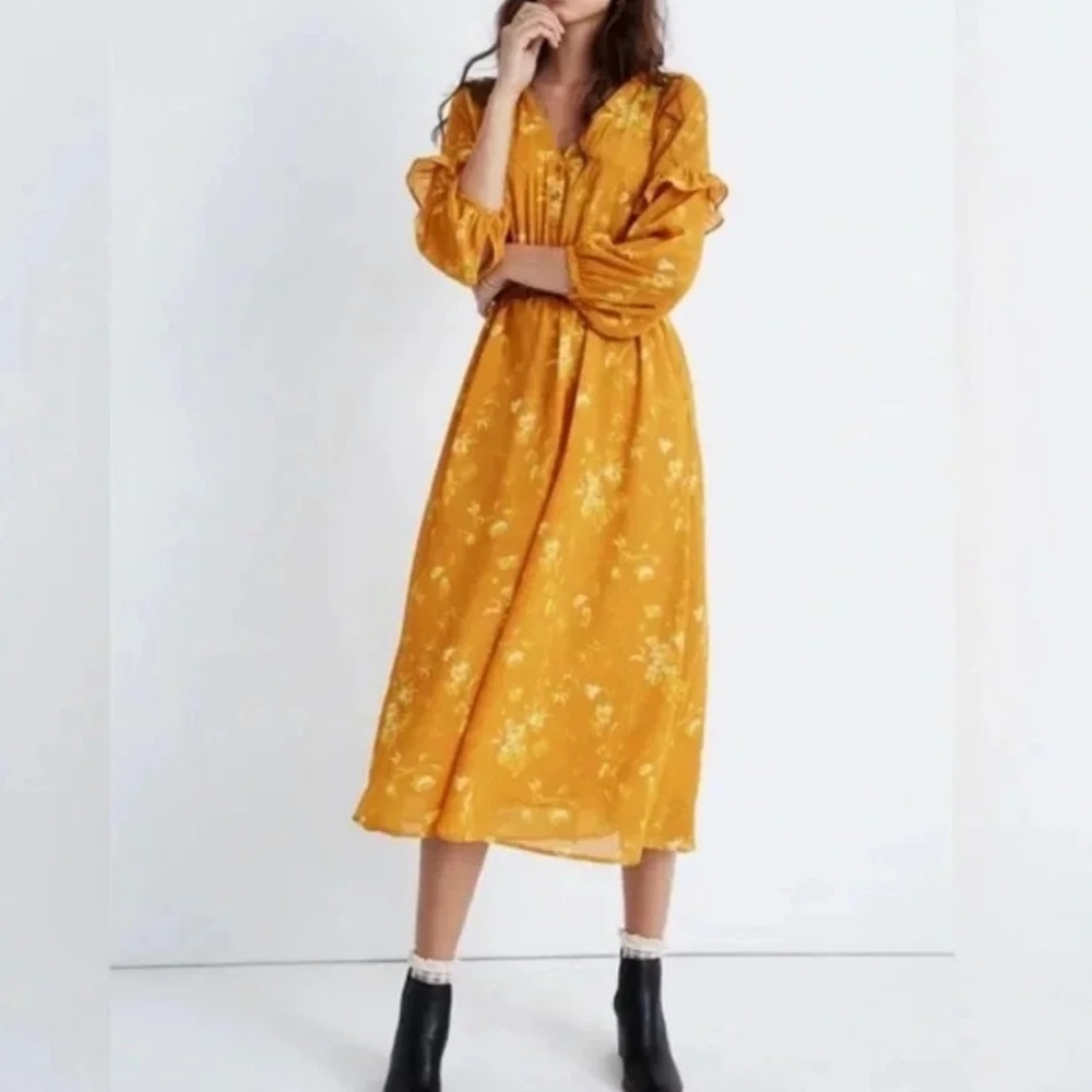 Madewell Floral Ruffle Sleeve Tonal Botanical Midi Dress Marigold